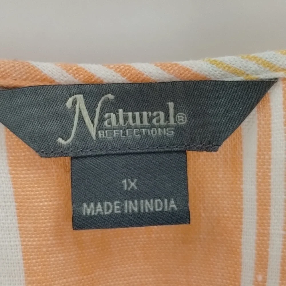 Natural Reflections blouse top coral striped sleeveless 1X v-neck cotton linen